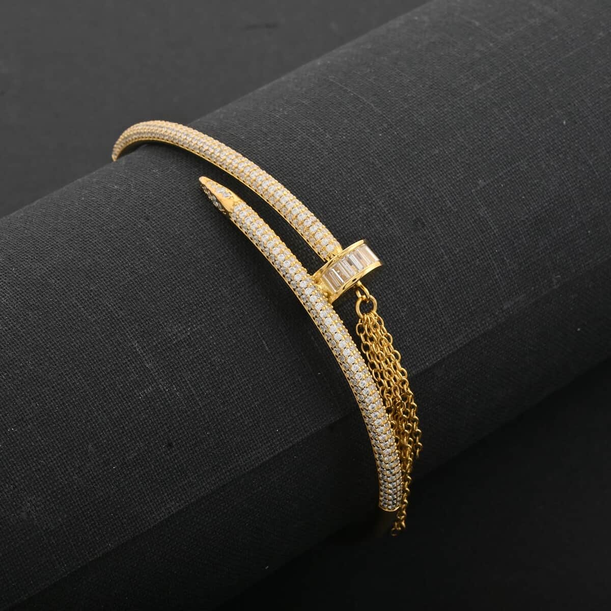 Lustro Stella Finest CZ Nail Bangle Bracelet in 14K Yellow Gold Over Sterling Silver (7.50 In) image number 1