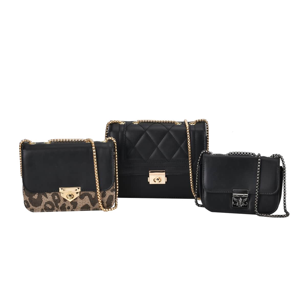 Set of 3 Black Faux Leather Clutch Bag (Size- S,M,L) with 48.8" Chain Strap (S-6.3"x4.3"x1.8") (M-7.5"x5.5"x2.4") (L-8.3"x6.3"x3.1") image number 0