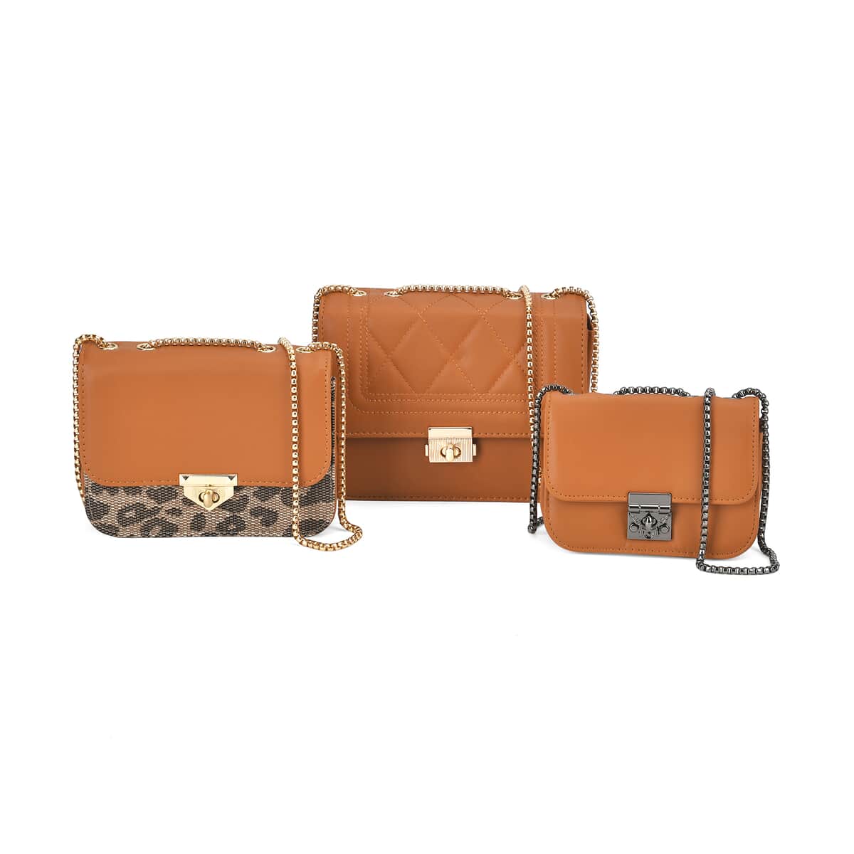 Set of 3 Brown Faux Leather Clutch Bag (Size- S,M,L) with 48.8 Chain Strap image number 0