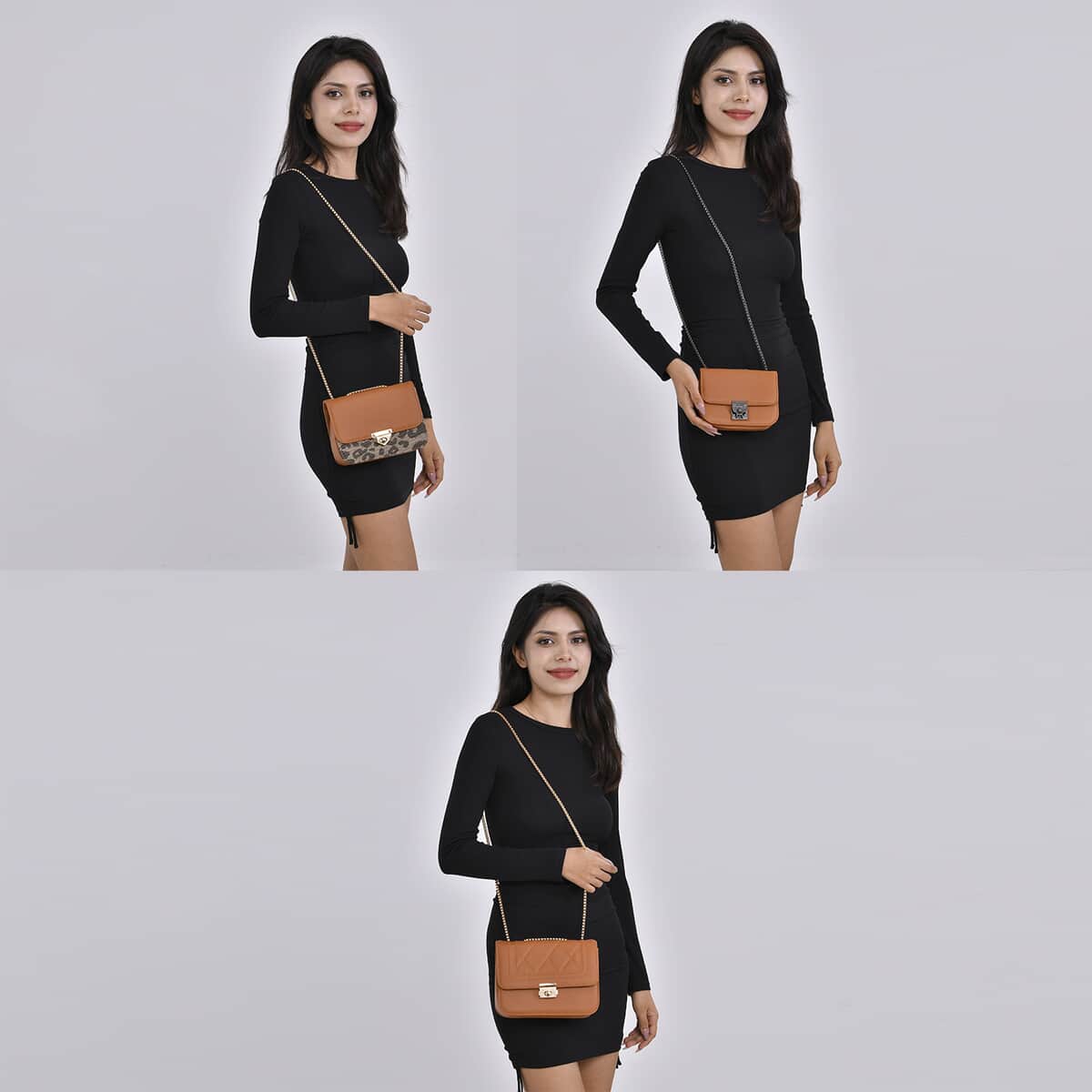 Set of 3 Brown Faux Leather Clutch Bag (Size- S,M,L) with 48.8 Chain Strap image number 1