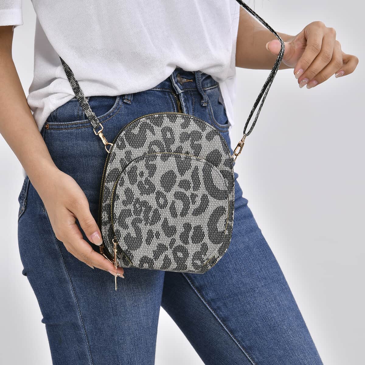 Black Leopard Faux Leather Crossbody Cell Phone Bag (7.9"x6.7"x2.8") with Long Strap image number 2