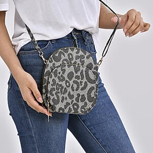 Black Leopard Faux Leather Crossbody Cell Phone Bag with Long Strap