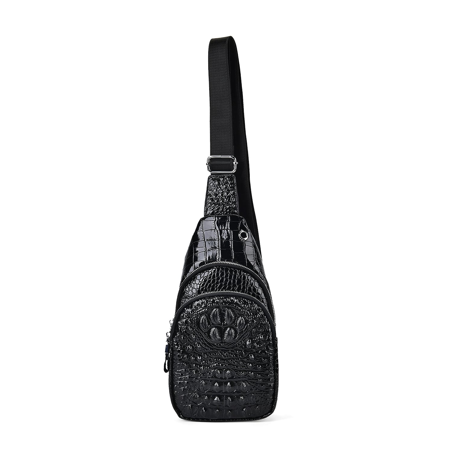 Black Genuine Leather Croco Embossed Sling Bag