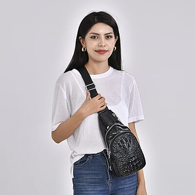 Black Genuine Leather Croco Embossed Sling Bag