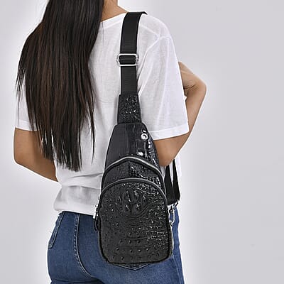 Black Genuine Leather Croco Embossed Sling Bag