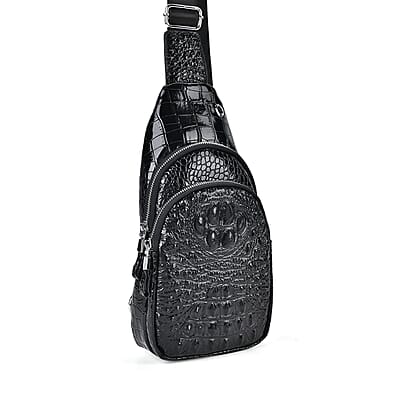 Black Genuine Leather Croco Embossed Sling Bag