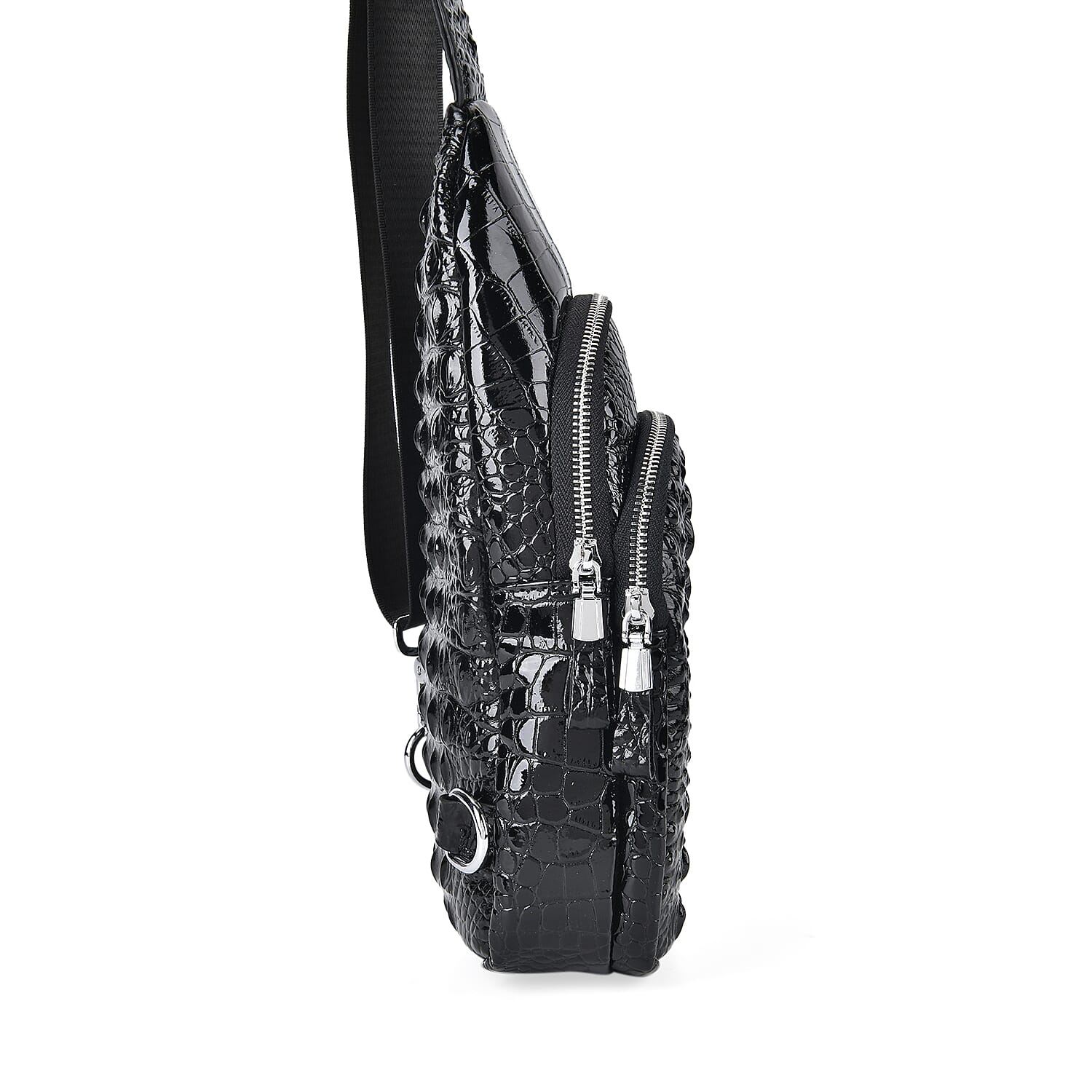 Black Genuine Leather Croco Embossed Sling Bag