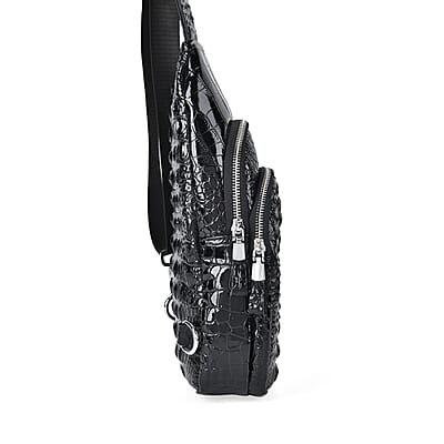 Black Genuine Leather Croco Embossed Sling Bag