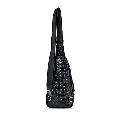 Black Genuine Leather Croco Embossed Sling Bag