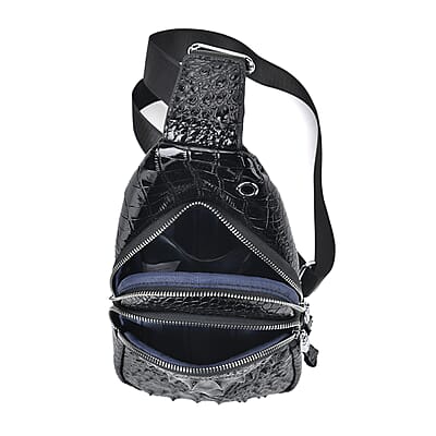 Black Genuine Leather Croco Embossed Sling Bag