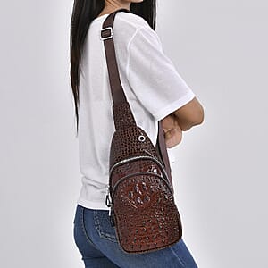 Brown Genuine Leather Croco Embossed Sling Bag