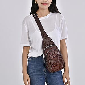 Brown Genuine Leather Croco Embossed Sling Bag