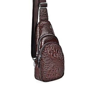 Brown Genuine Leather Croco Embossed Sling Bag