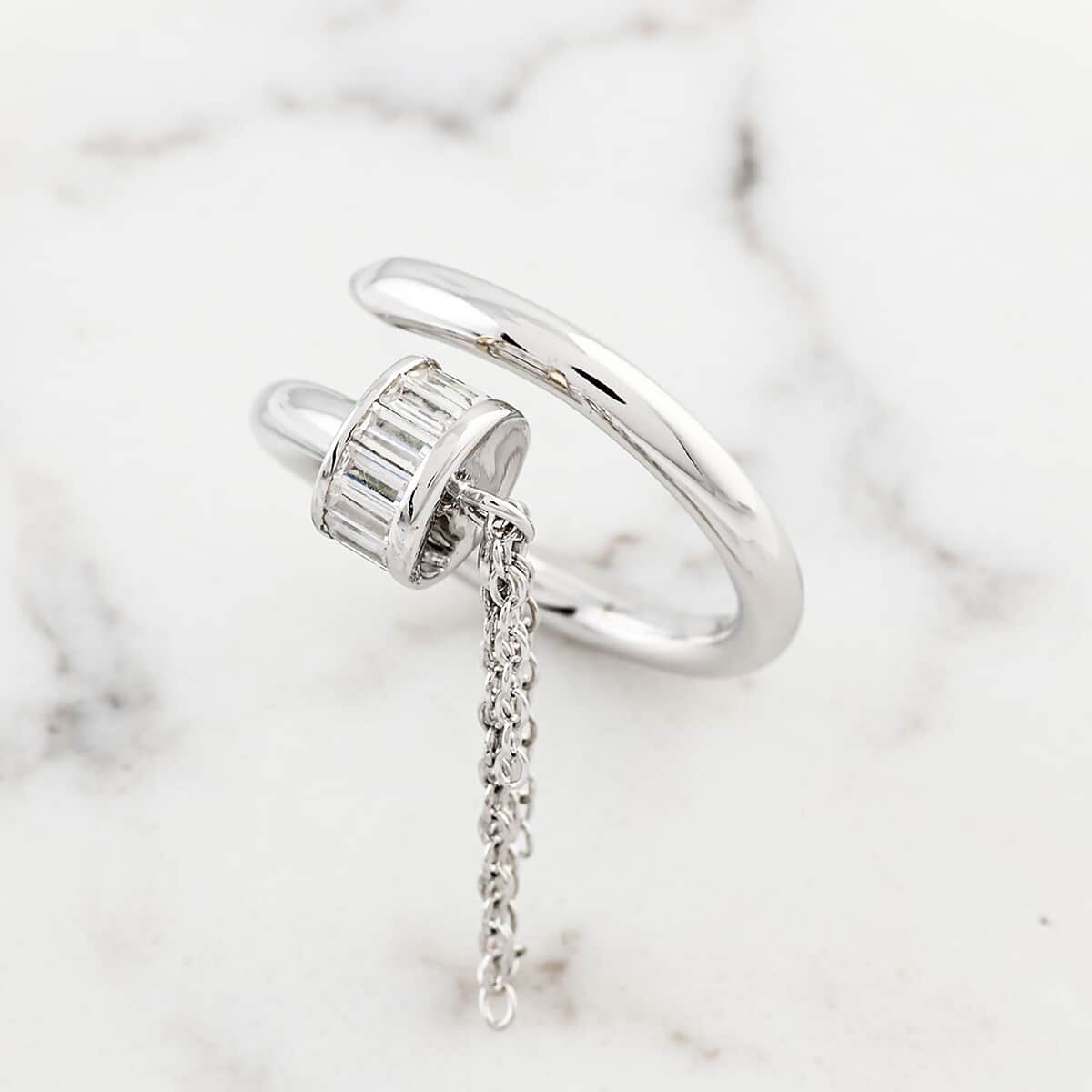 Simulated Diamond Nail Ring in Rhodium Over Sterling Silver (Size 6.0) 1.00 ctw image number 1