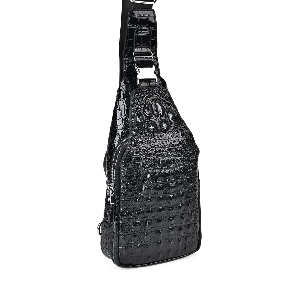 Black Genuine Leather Croco Embossed Sling Bag (6.3"x2.8"x12") image number 3
