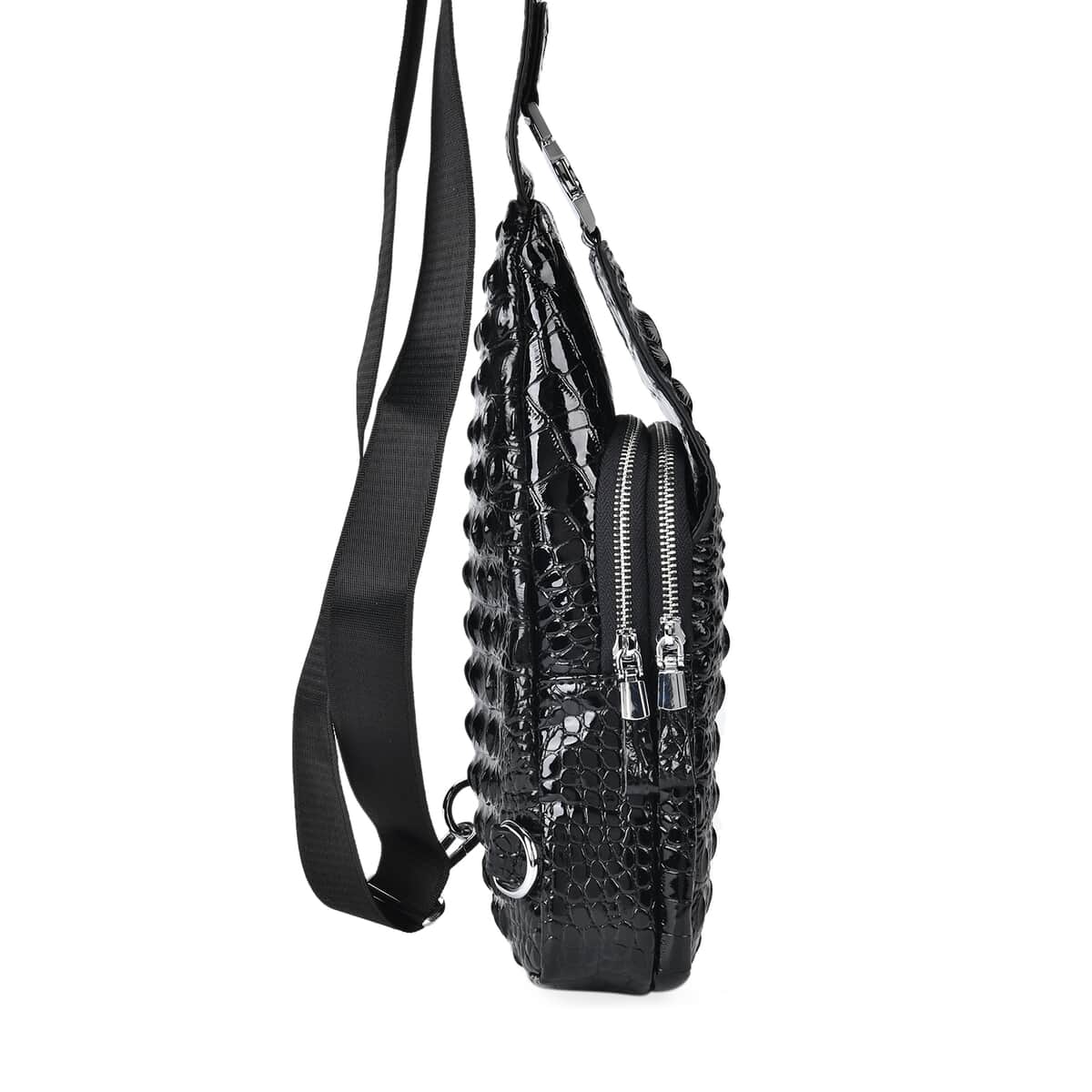 Black Genuine Leather Croco Embossed Sling Bag (6.3"x2.8"x12") image number 4