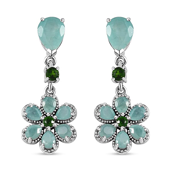 Grandidierite and Chrome Diopside Floral Dangle Earrings in Platinum Over Sterling Silver 4.50 ctw