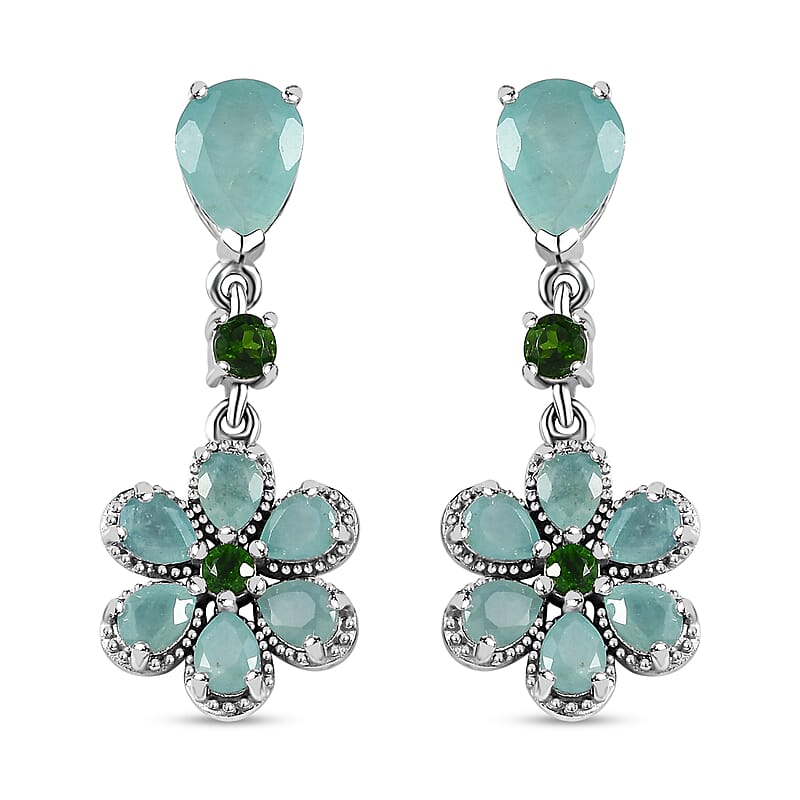 Grandidierite and Chrome Diopside Floral Dangle Earrings in Platinum Over Sterling Silver 4.50 ctw