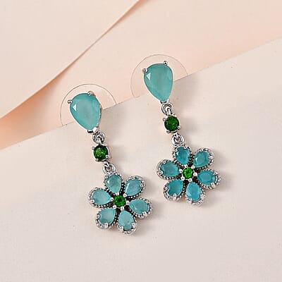 Grandidierite and Chrome Diopside Floral Dangle Earrings in Platinum Over Sterling Silver 4.50 ctw