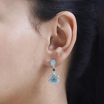 Grandidierite and Chrome Diopside Floral Dangle Earrings in Platinum Over Sterling Silver 4.50 ctw
