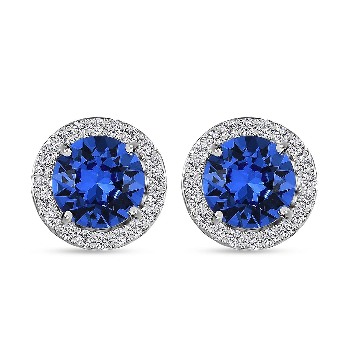 Designer Premium Sapphire Color Austrian Crystal and Simulated Diamond Halo Stud Earrings in Platinum Over Sterling Silver image number 0