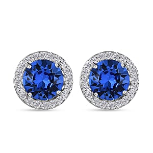 Designer Premium Sapphire Color Austrian Crystal and Simulated Diamond Halo Stud Earrings in Platinum Over Sterling Silver