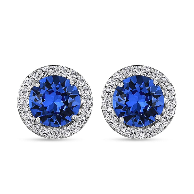 Designer Premium Sapphire Color Austrian Crystal and Simulated Diamond Halo Stud Earrings in Platinum Over Sterling Silver