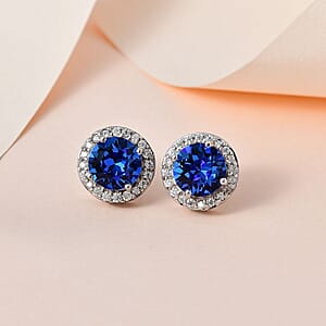 Designer Premium Sapphire Color Austrian Crystal and Simulated Diamond Halo Stud Earrings in Platinum Over Sterling Silver