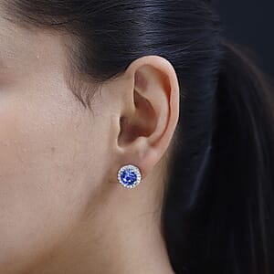 Designer Premium Sapphire Color Austrian Crystal and Simulated Diamond Halo Stud Earrings in Platinum Over Sterling Silver