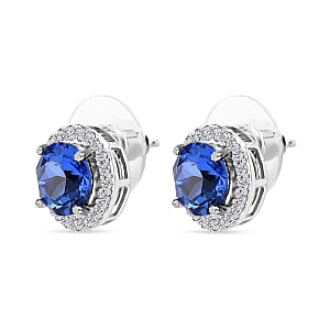 Designer Premium Sapphire Color Austrian Crystal and Simulated Diamond Halo Stud Earrings in Platinum Over Sterling Silver