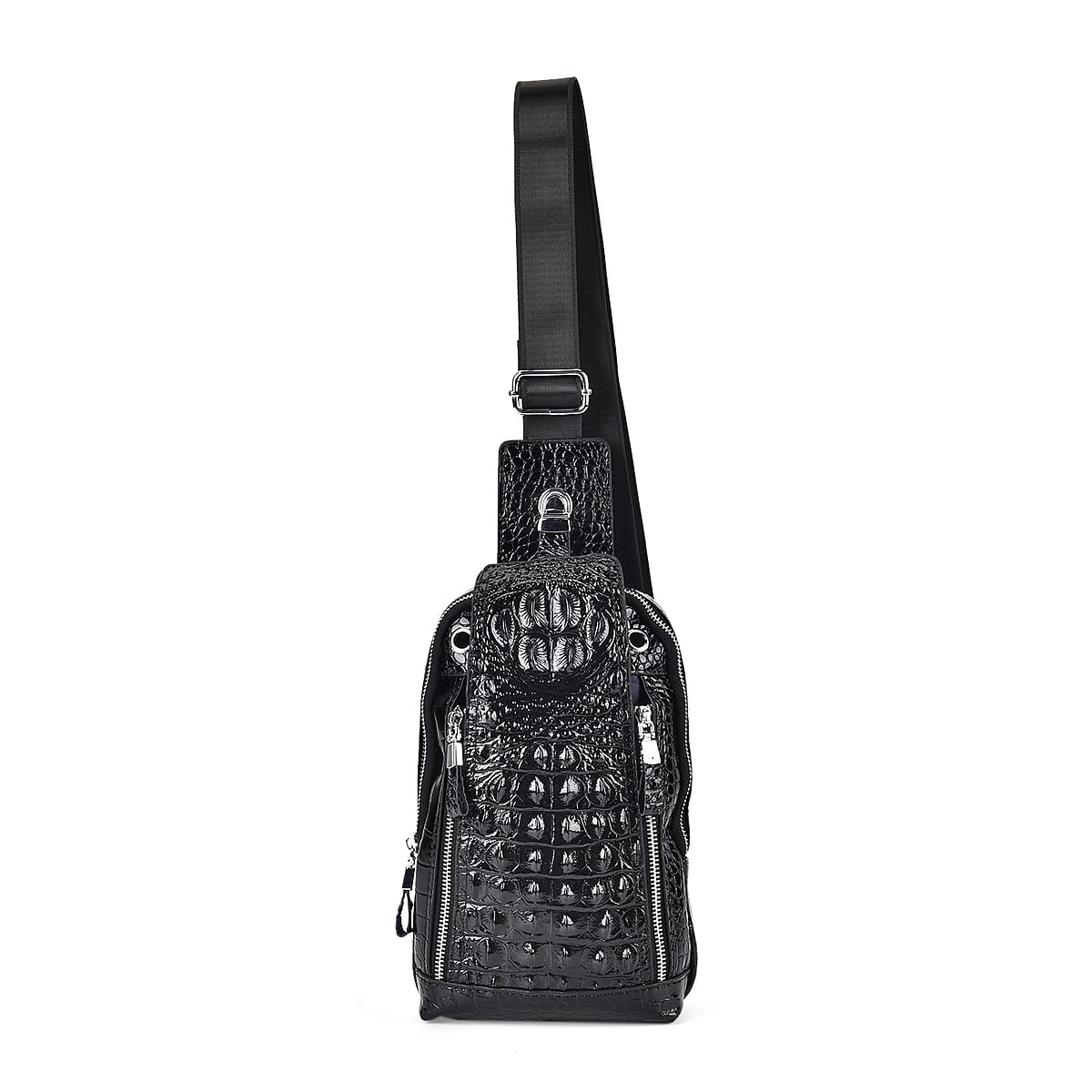 Black Genuine Leather Croco Embossed Sling Bag image number 0