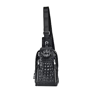 Black Genuine Leather Croco Embossed Sling Bag