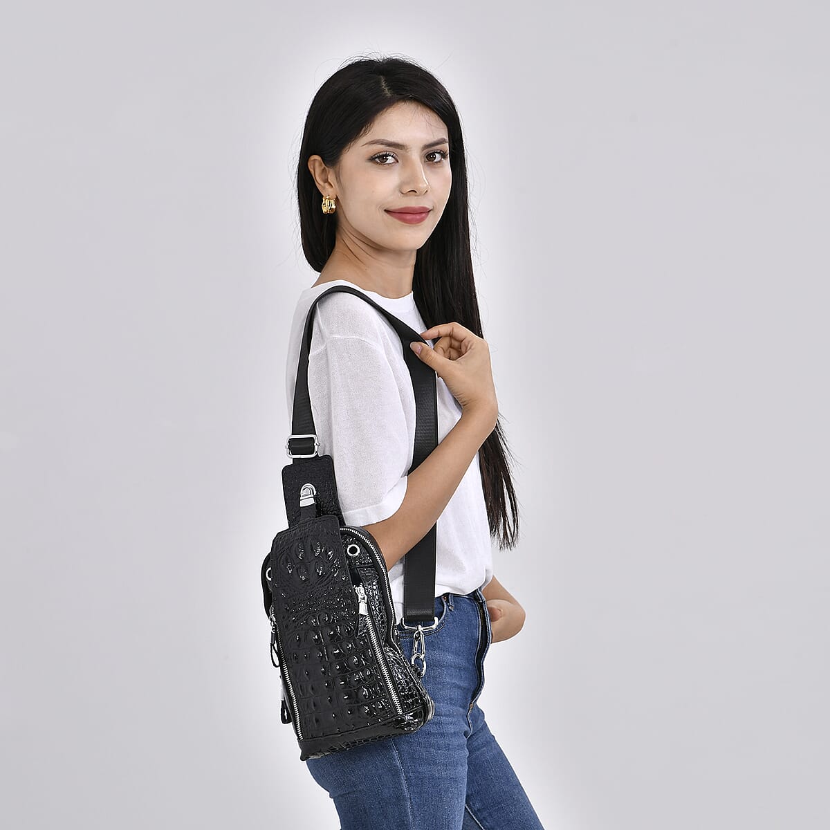 Black Genuine Leather Croco Embossed Sling Bag image number 1