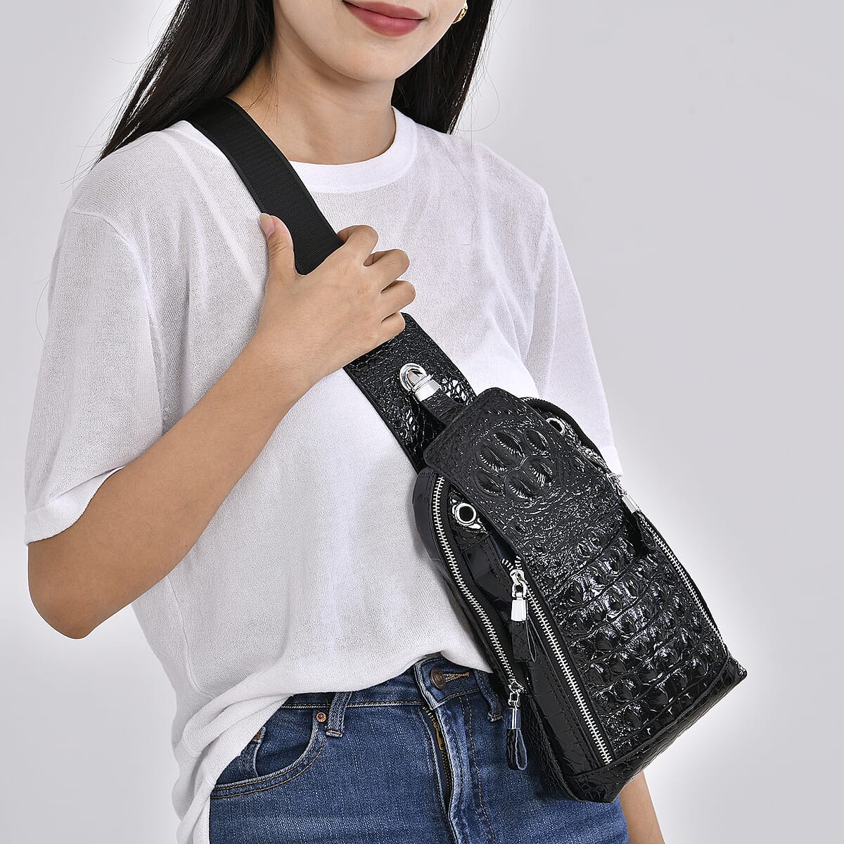 Black Genuine Leather Croco Embossed Sling Bag image number 2