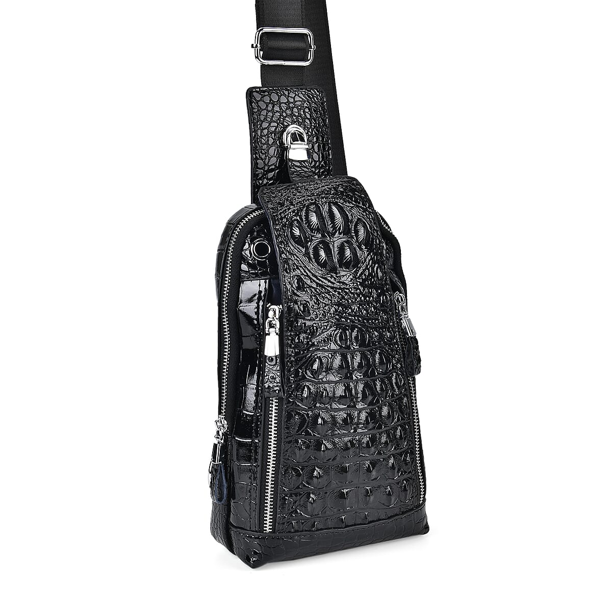 Black Genuine Leather Croco Embossed Sling Bag image number 3