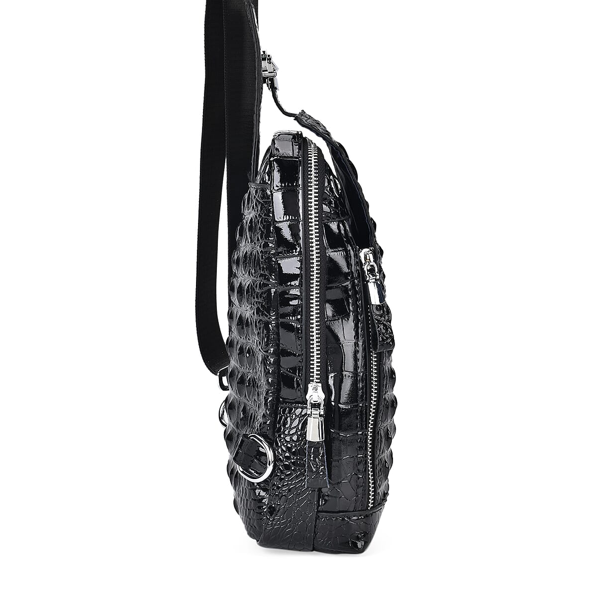 Black Genuine Leather Croco Embossed Sling Bag image number 4