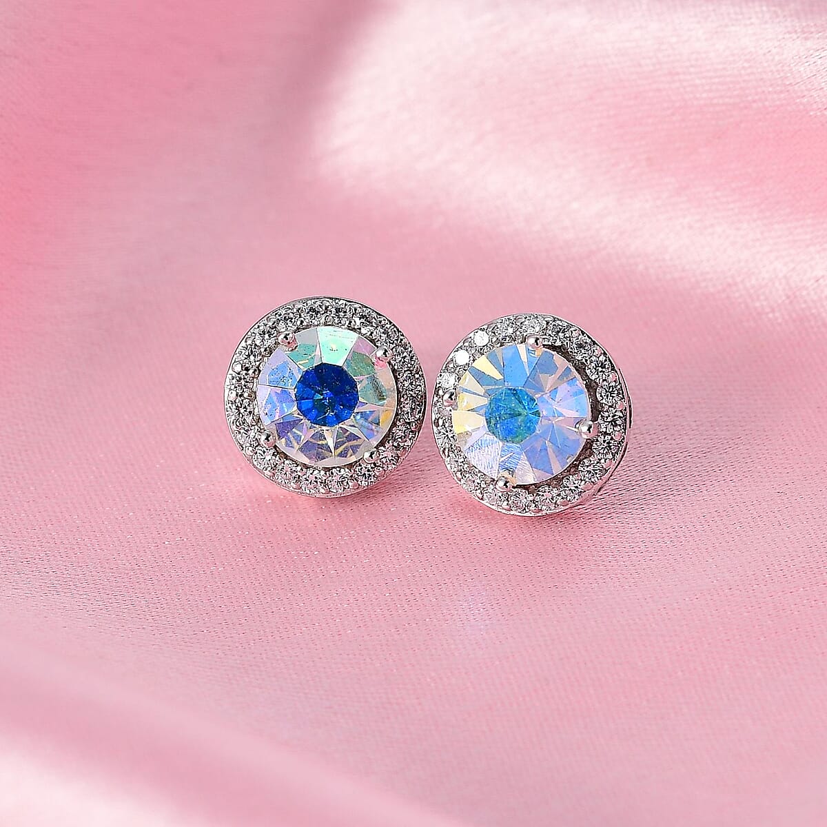 Designer Premium Aurora Borealis Austrian Crystal and Simulated Diamond Halo Stud Earrings in Platinum Over Sterling Silver image number 1