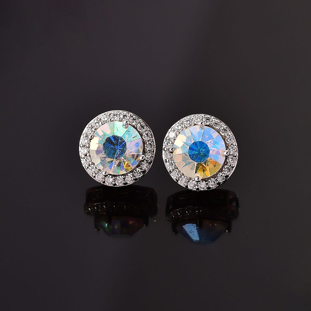 Designer Premium Aurora Borealis Austrian Crystal and Simulated Diamond Halo Stud Earrings in Platinum Over Sterling Silver image number 2