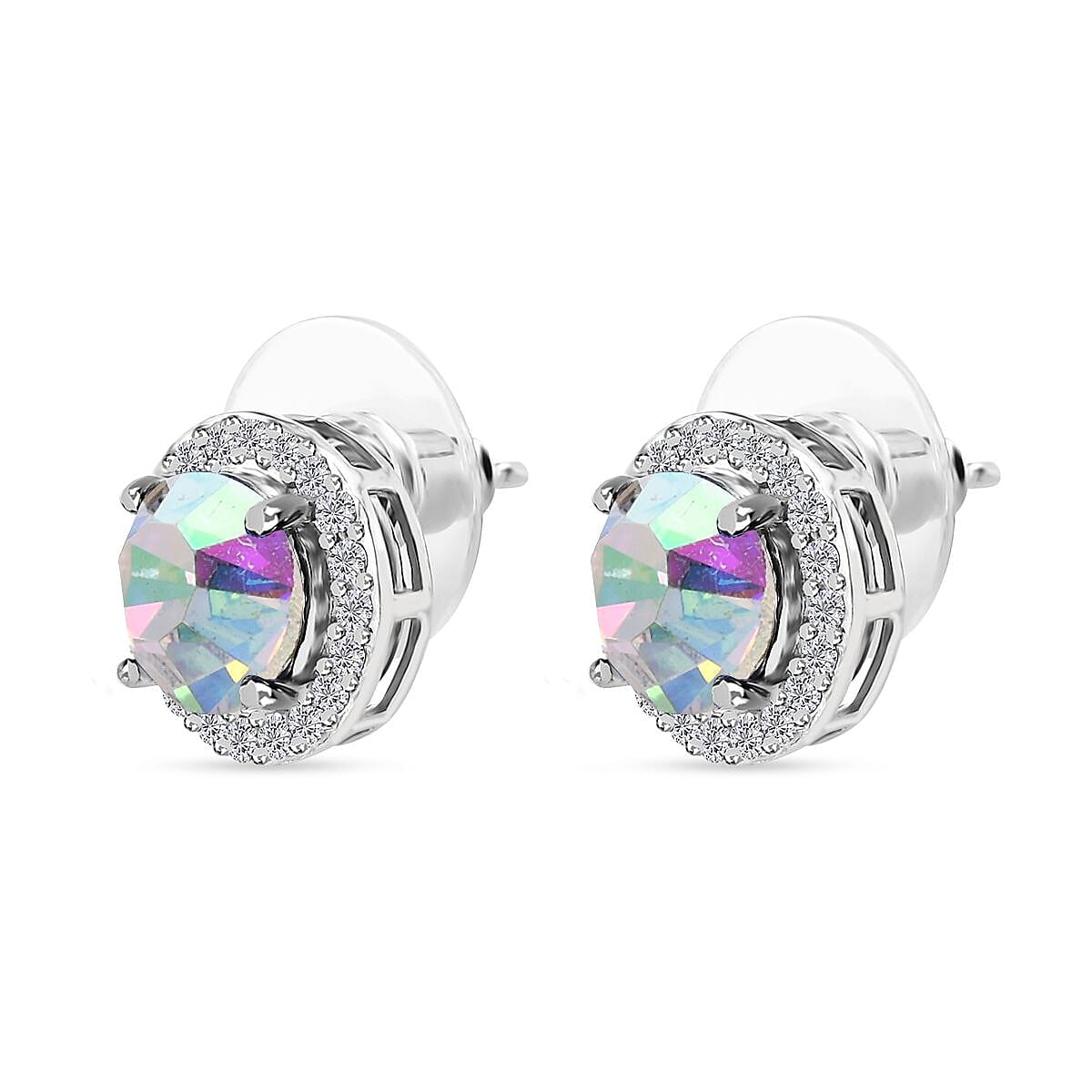 Designer Premium Aurora Borealis Austrian Crystal and Simulated Diamond Halo Stud Earrings in Platinum Over Sterling Silver image number 4