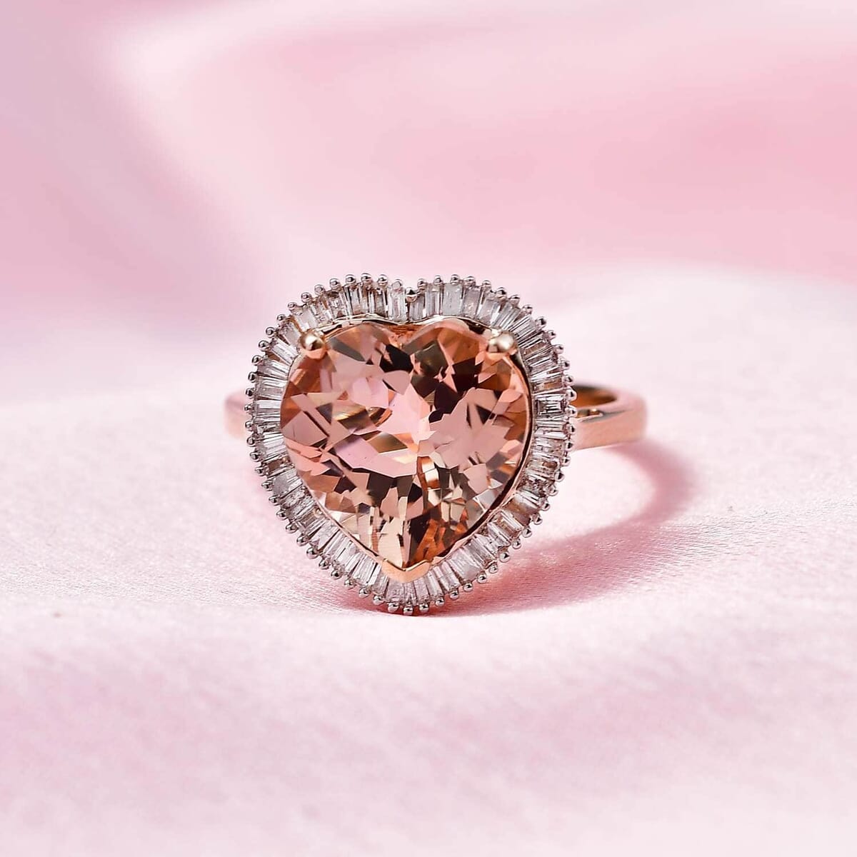 Luxoro 14K Rose Gold AAA Marropino Morganite and G-H I2 Diamond Heart Ring (Size 6.0) 4.50 Grams 5.10 ctw image number 1