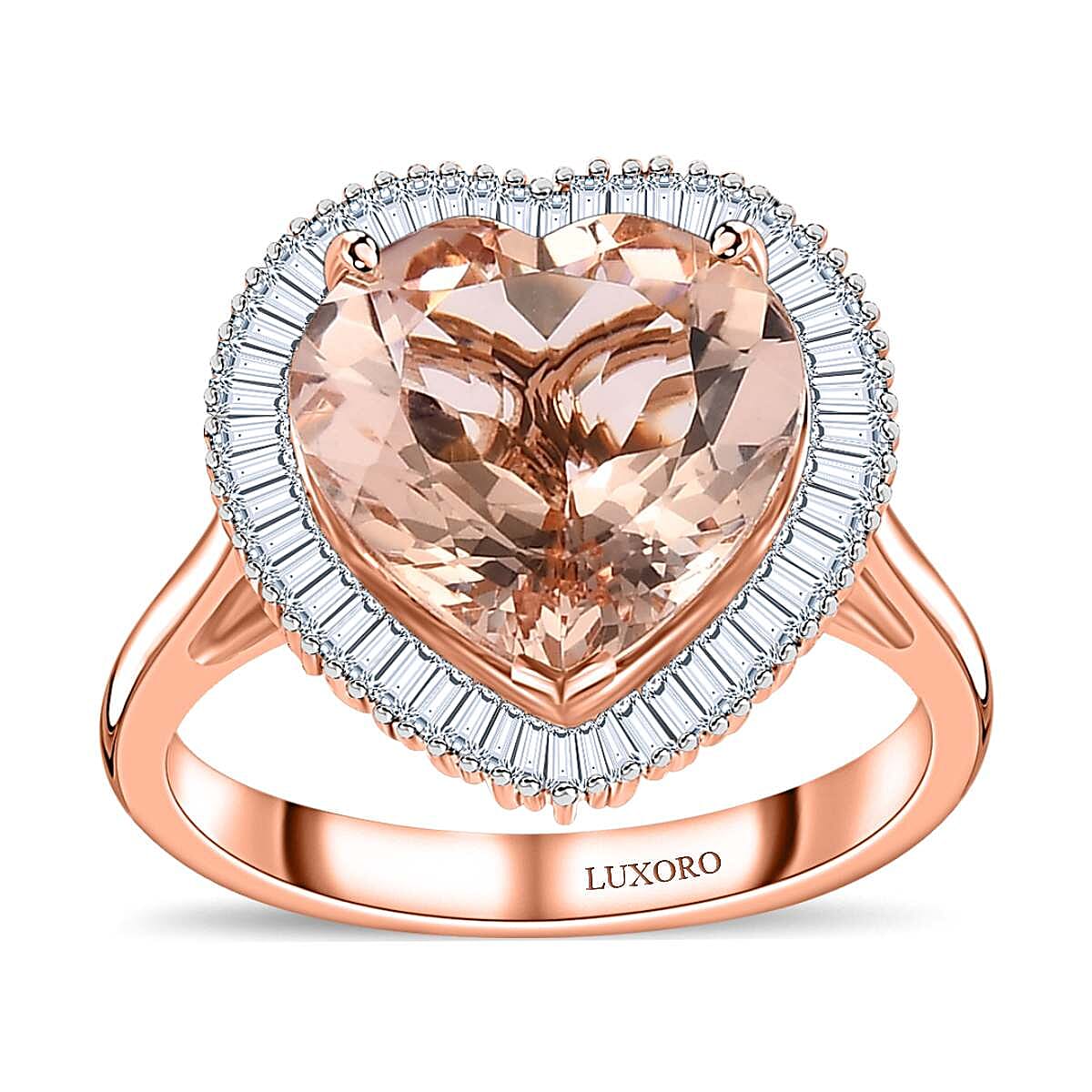 Luxoro 14K Rose Gold AAA Marropino Morganite and G-H I2 Diamond Heart Ring (Size 7.0) 4.50 Grams 5.10 ctw image number 0