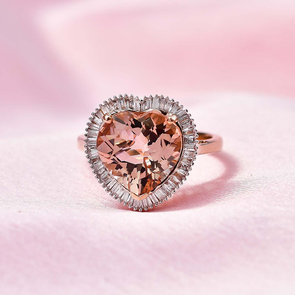 Luxoro 14K Rose Gold AAA Marropino Morganite and G-H I2 Diamond Heart Ring (Size 7.0) 4.50 Grams 5.10 ctw image number 1
