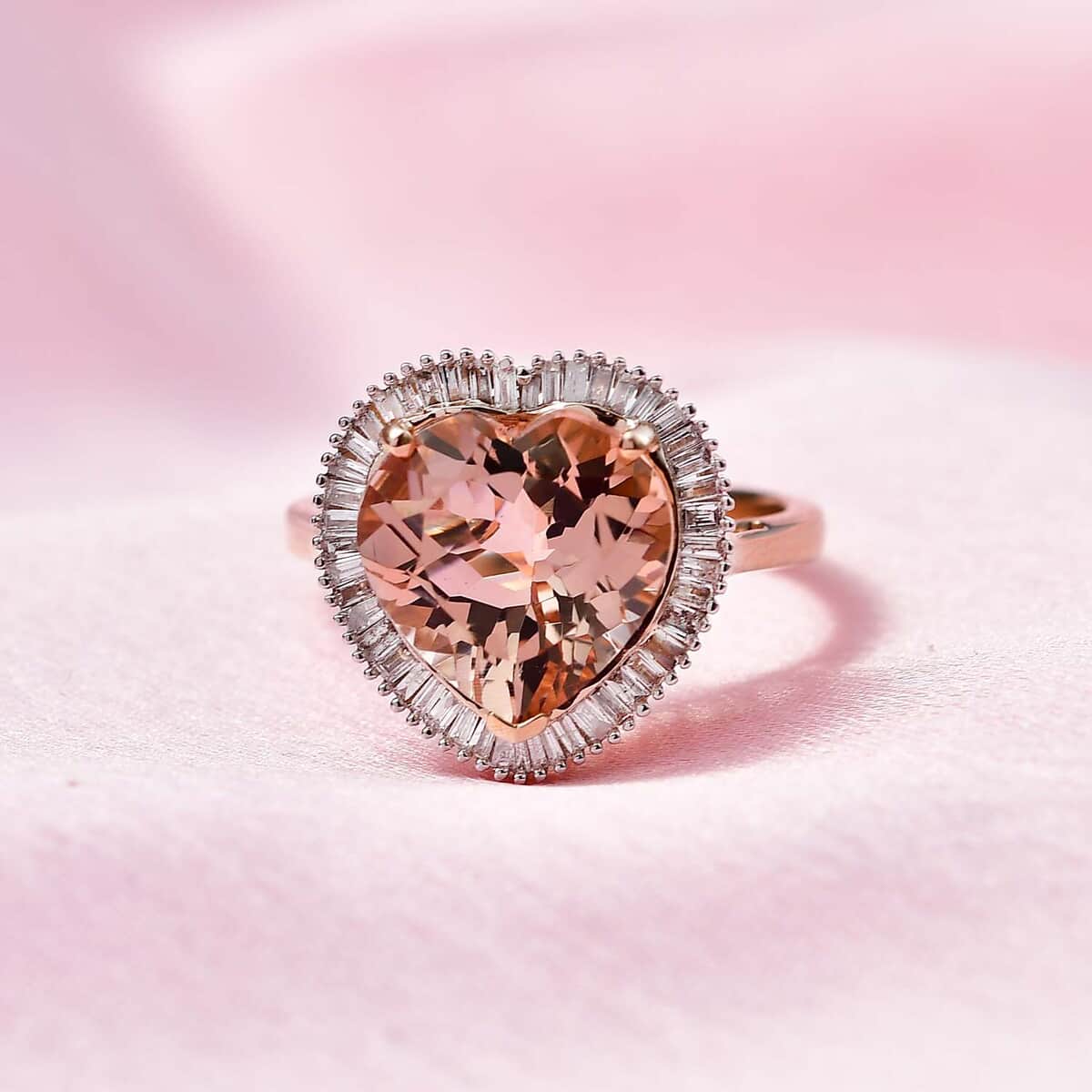 Luxoro 14K Rose Gold AAA Marropino Morganite and G-H I2 Diamond Heart Ring (Size 8.0) 4.50 Grams 5.10 ctw image number 1