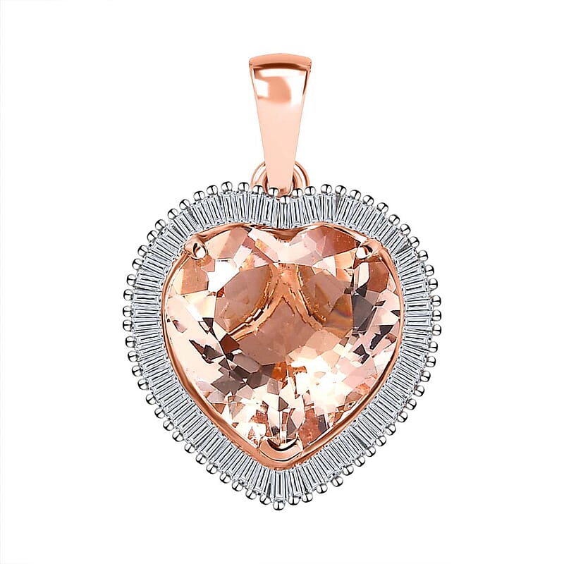 Luxoro 14K Rose Gold AAA Marropino Morganite and G-H I2 Diamond Heart Pendant 5.10 ctw