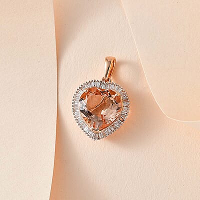 Luxoro 14K Rose Gold AAA Marropino Morganite and G-H I2 Diamond Heart Pendant 5.10 ctw