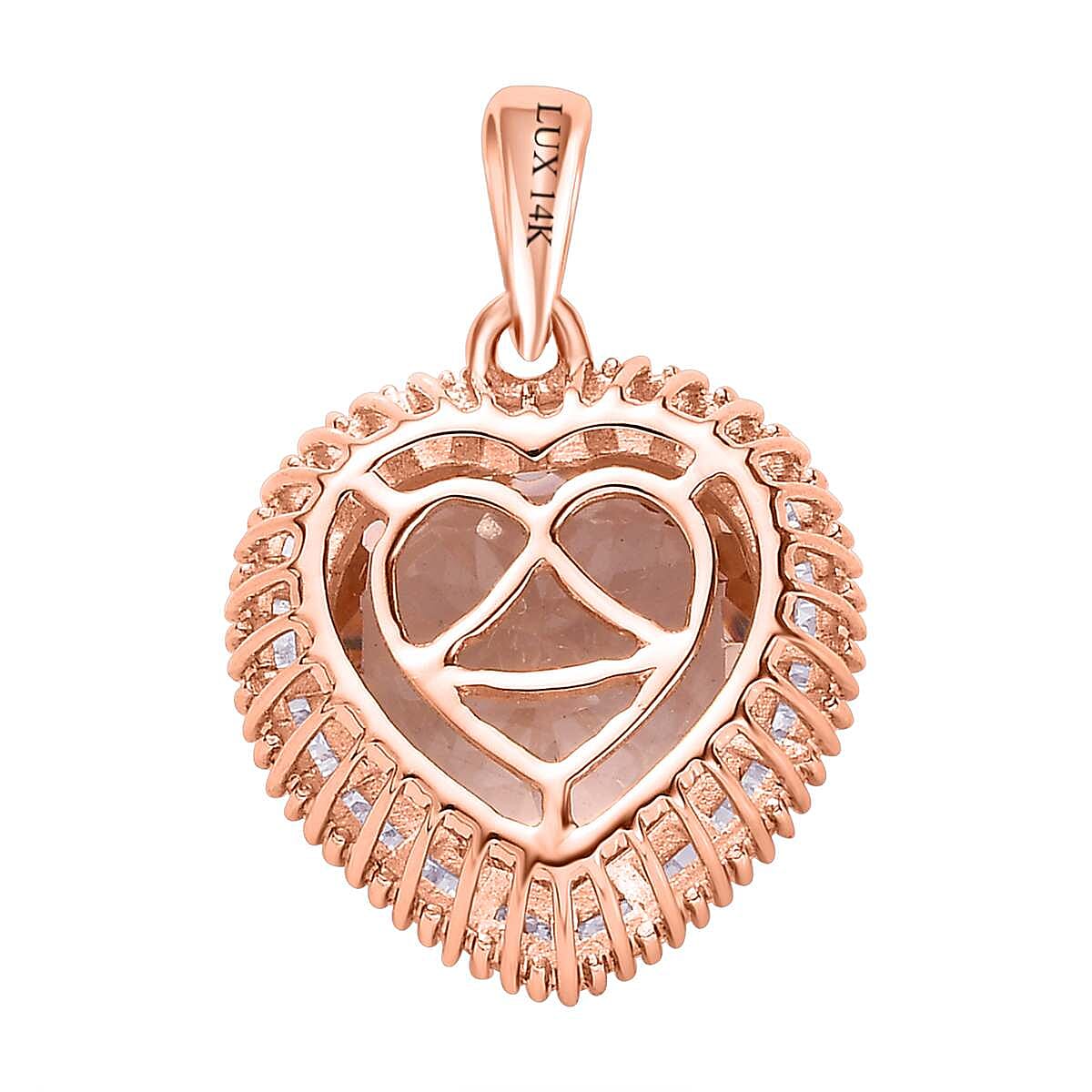 Luxoro 14K Rose Gold AAA Marropino Morganite and G-H I2 Diamond Heart Pendant 5.10 ctw