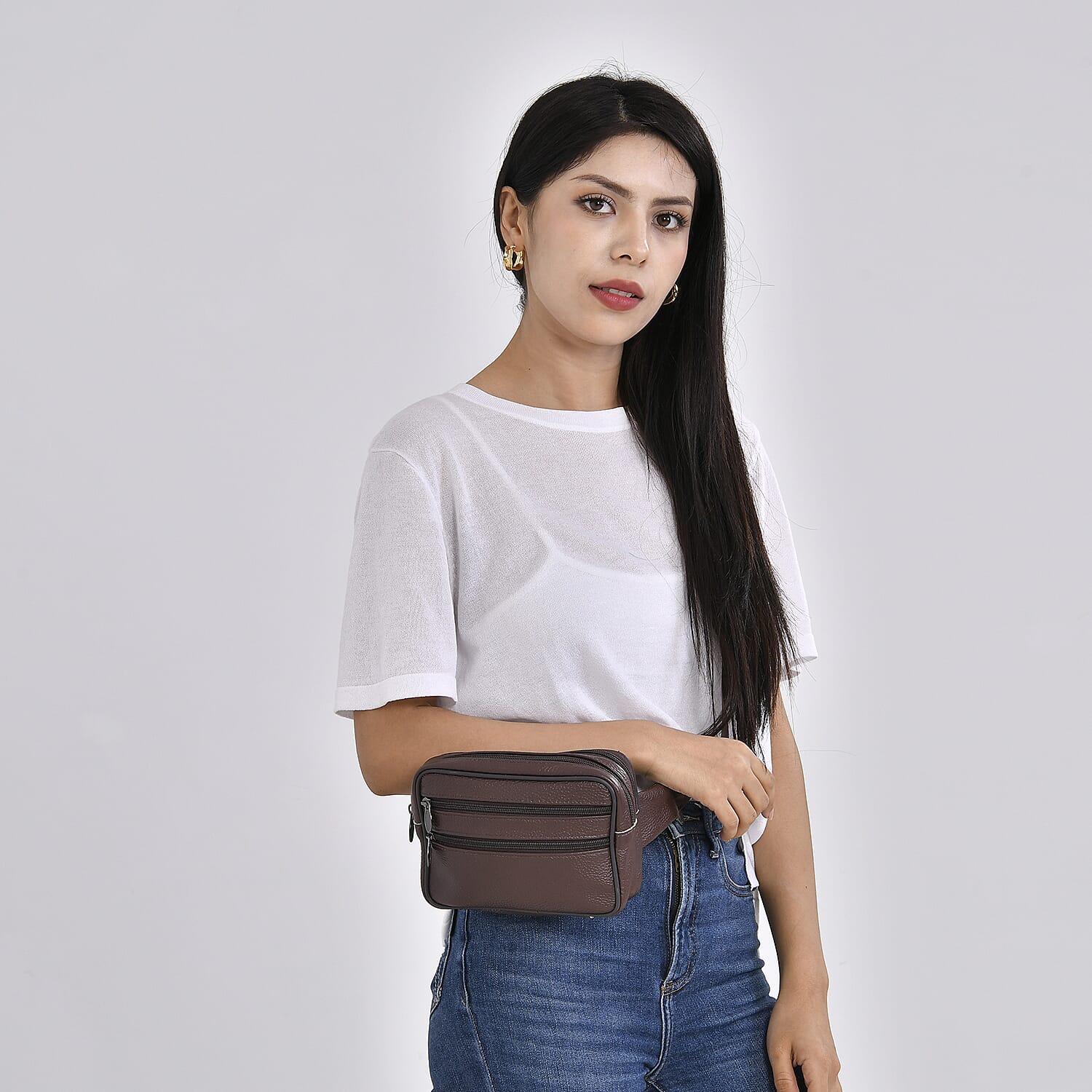 Coffee Genuine Leather Rose Embossed Waist Bag