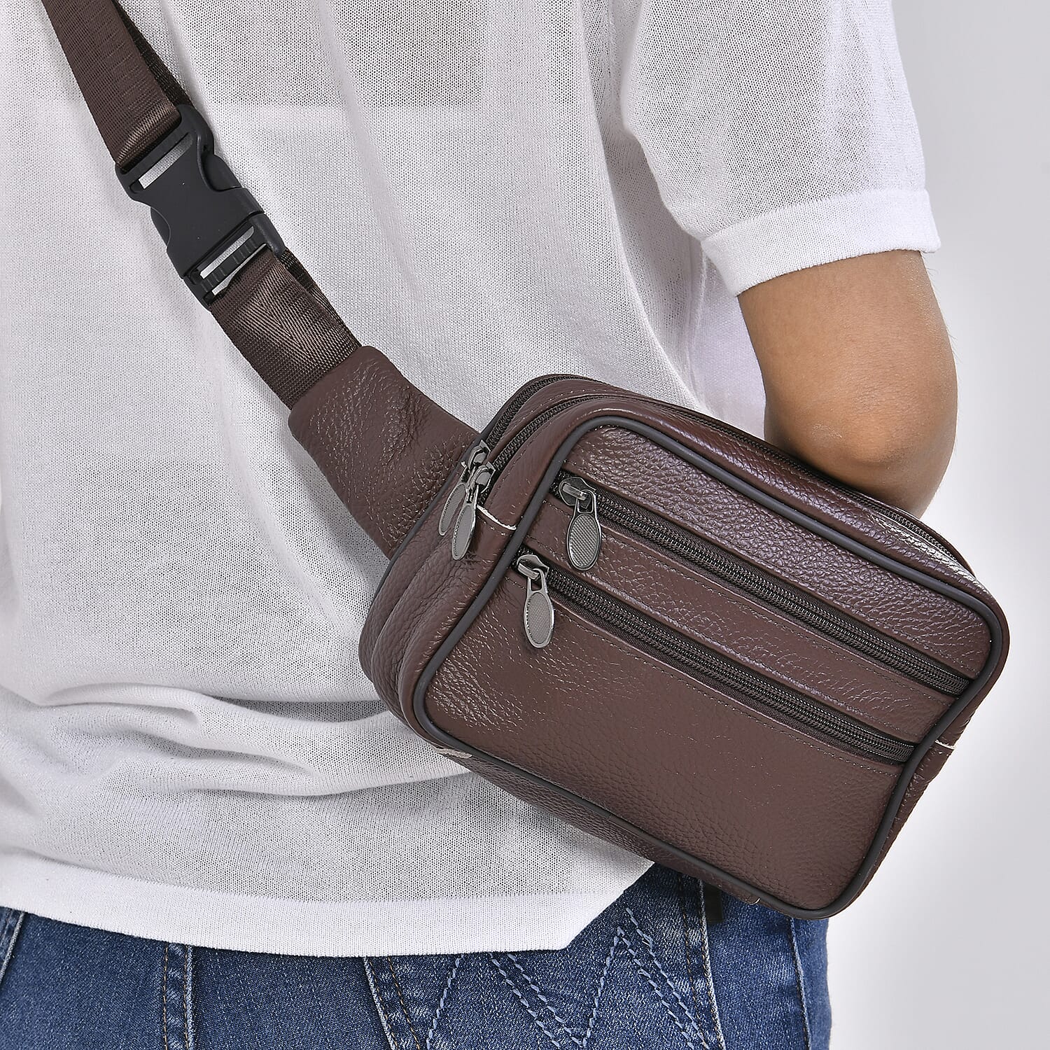 Coffee Genuine Leather Rose Embossed Waist Bag