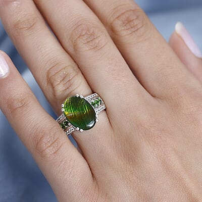 Canadian Ammolite and Multi Gemstone Ring in Platinum Over Sterling Silver (Size 10.0) 0.50 ctw