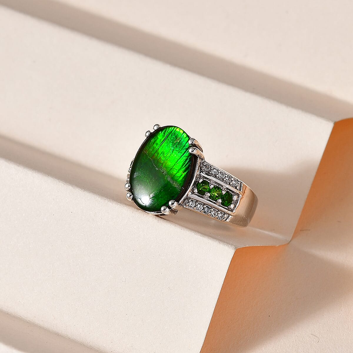 Canadian Ammolite and Multi Gemstone Ring in Platinum Over Sterling Silver (Size 6.0) 0.50 ctw image number 1